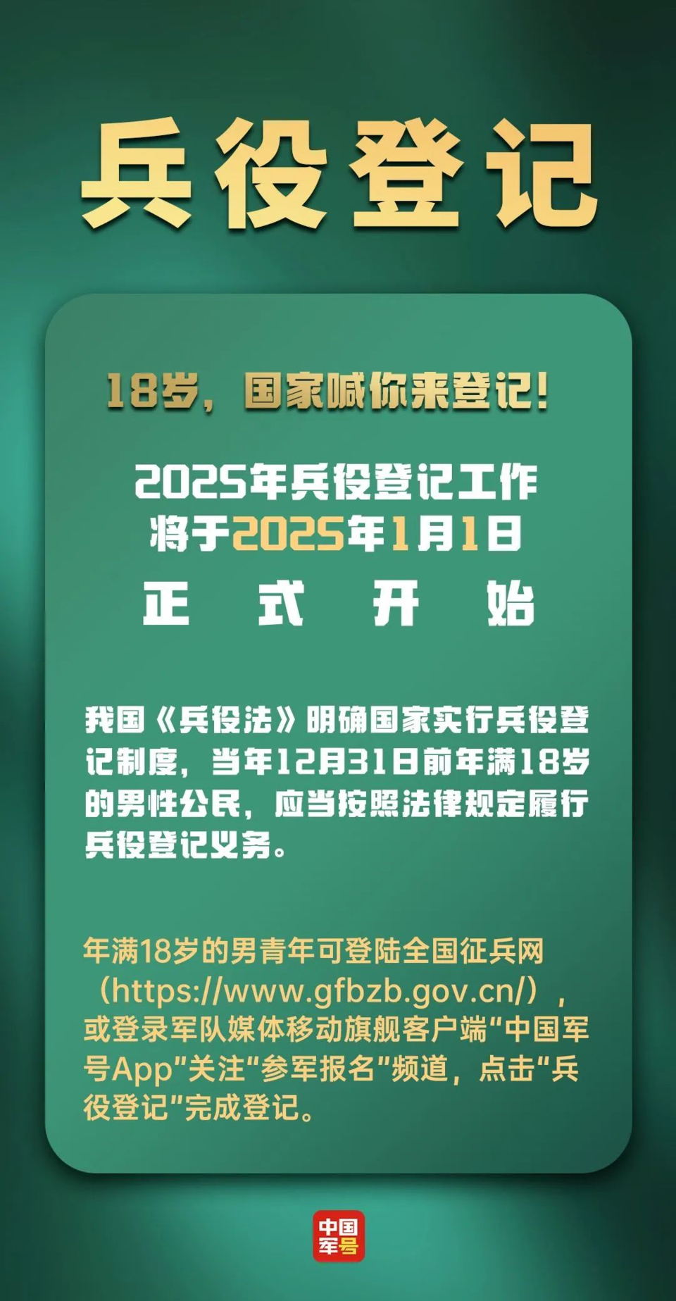 兵役登记工作将于1月1日开始实施